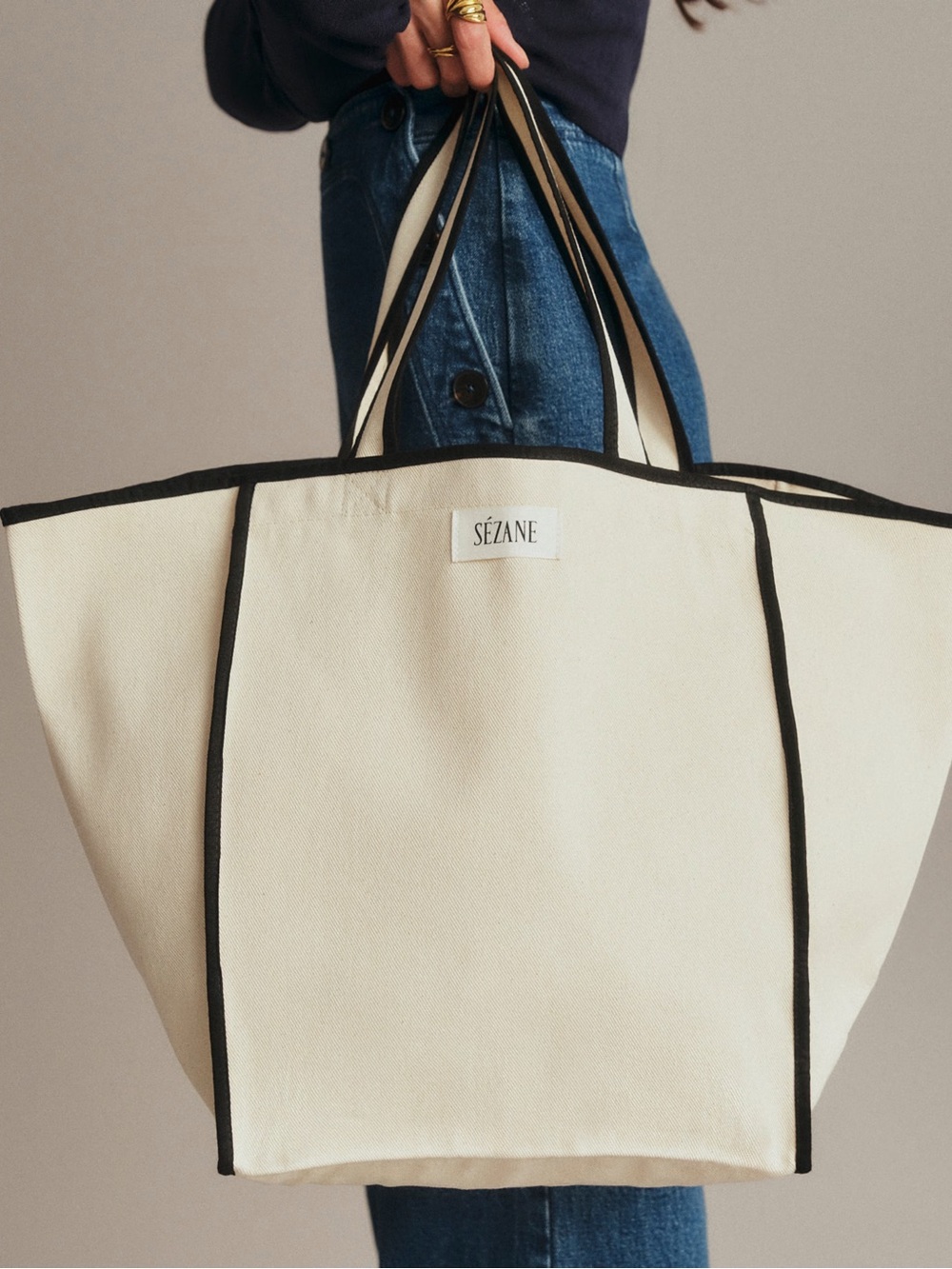 Sézane Cream Canvas Tote with Black Piping